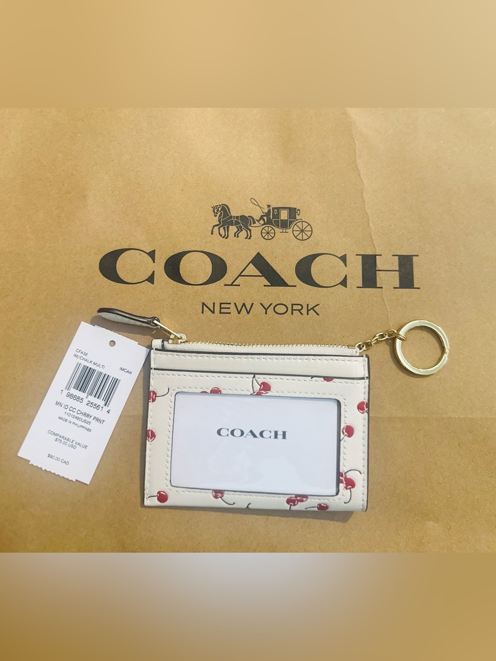 Coach Cherry Print  ID Card Case with Gold Key Ring - Cream/Red
